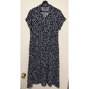 BROVAVE Navy Blue White Polka Dot Short Sleeve Midi Dress Button Front Size M